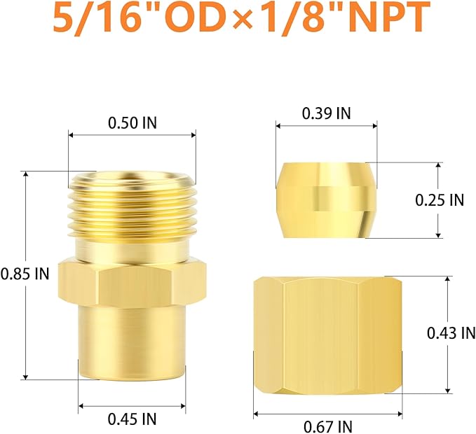 GASHER 10PCS Brass Compression Union Tube Pipe Fitting Connector, 5/16" Tube OD x 1/8" NPT Female Connector