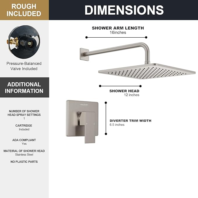 Lava Odoro 12-inch Modern Square Shower Faucet Set Brushed Nickel, Shower Trim Kit with Rough-in Valve High Pressure Rainfall Shower Head and Handle Set (Valve Included), SF106-BN