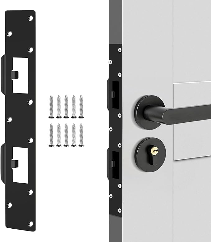 Double Holes Latch Reinforcement Plate Heavy Duty Security Latch Plate Security Striker Plates for Exterior Interior Door Deadbolt Fix Door Frame for 4.5 inch Hole Center (Black-1Pcs)