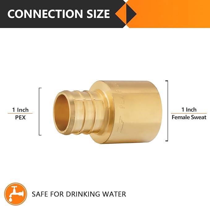 100-Pack HeSun PEX Fittings, 1" PEX x 1" Female Sweat Adapter (Over Copper Tube), Brass Crimp Fitting for ASTM F1807(PEX1807137-100)