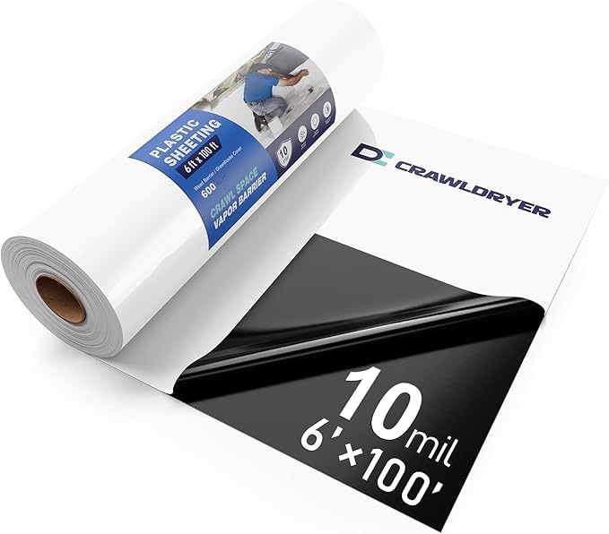 Crawl Space Vapor Barrier - 10 mil (6' x 100'), Thick Plastic sheeting, Drop Cloth Moisture Barrier Covering for Crawl Space Encapsulation, Blackout Plastic Painters Tarp, Black and White Panda Film