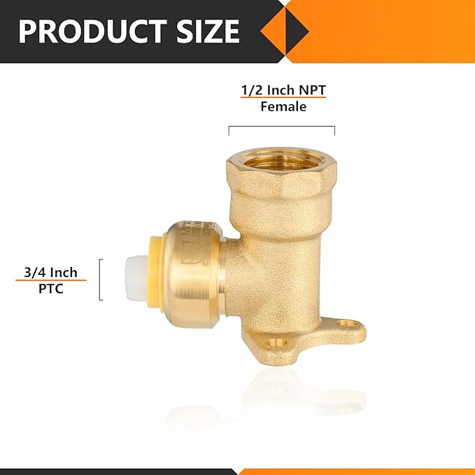 20-Pack HeSun Pushfit Drop-ear Elbow, 1/2" Female NPT x 3/4" Push to Connect Plumbing Fittings with Disconnect Clip, Brass Push-fit Fittings for PEX, Copper, CPVC, PE-RT Pipes(PF074-20)