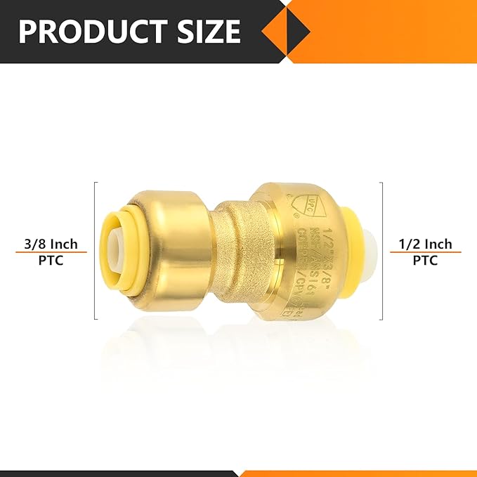 2-Pack HeSun Pushfit Coupling, 1/2"x3/8" Push to Connect Plumbing Fittings with Disconnect Clip, Brass Push-fit Fittings for PEX, Copper, CPVC, PE-RT Pipes(PF156-2)