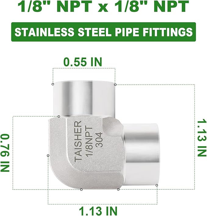 TAISHER 2PCS 304 Stainless Steel 90 Degree Barstock Street Elbow, 1/8 Inch NPT Female Pipe to 1/8 Inch NPT Female 304 Stainless Pipe Fitting