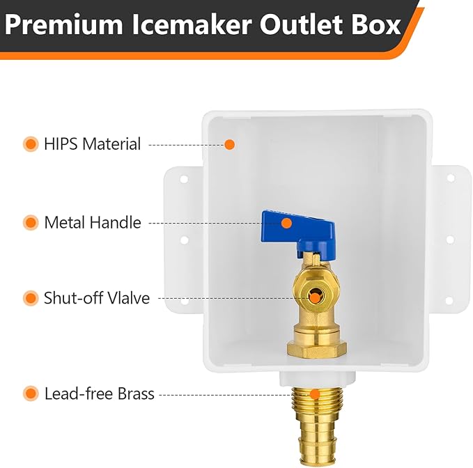 HeSun PEX-A Ice Maker Outlet Box,Inlet 1/2 Inch F1960 Expansion x Outlet 1/4 Inch OD Compression Connection,with 1/4 Turn Shut Off Valve