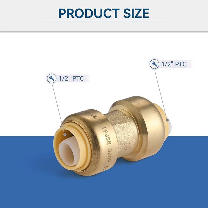 6Pack 1/2 Inch Pushfit Straight Coupling, PEX Brass Push-fit Coupling with Disconnect Clip, Push-to-Connect Plumbing Fittings for PEX, Copper, CPVC(PF003-6Pack)