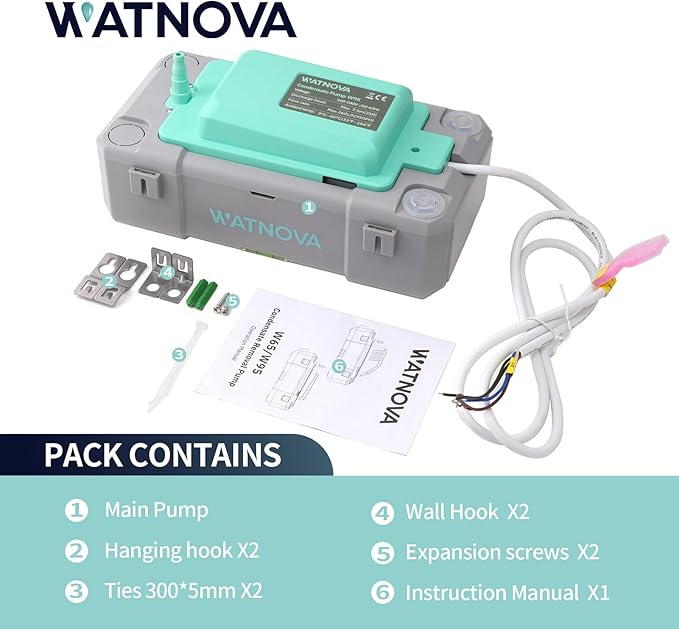 Watnova Condensation Pump 100-230V~, 50-60Hz, 95 GPH, 25ft, Automatic Condensate Removal Pump with Safety Switch for Hvac, Dehumidifier, Air Conditioning Unit