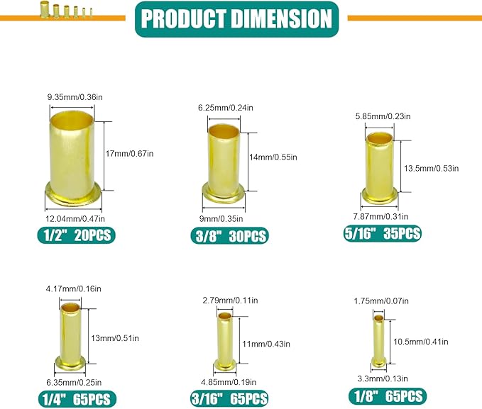 280PCS Brass Compression Insert，for Tube OD 1/8" 3/16" 1/4" 5/16'' 3/8" 1/2", Insert Tube Compression Sleeve Fitting Assortment Kit