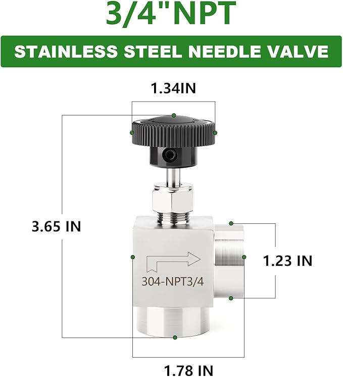 TAISHER 1PCS 304 Stainless Steel 90 Degree Needle Valve 3/4" NPT Female For Flow Control Water Gas Oil