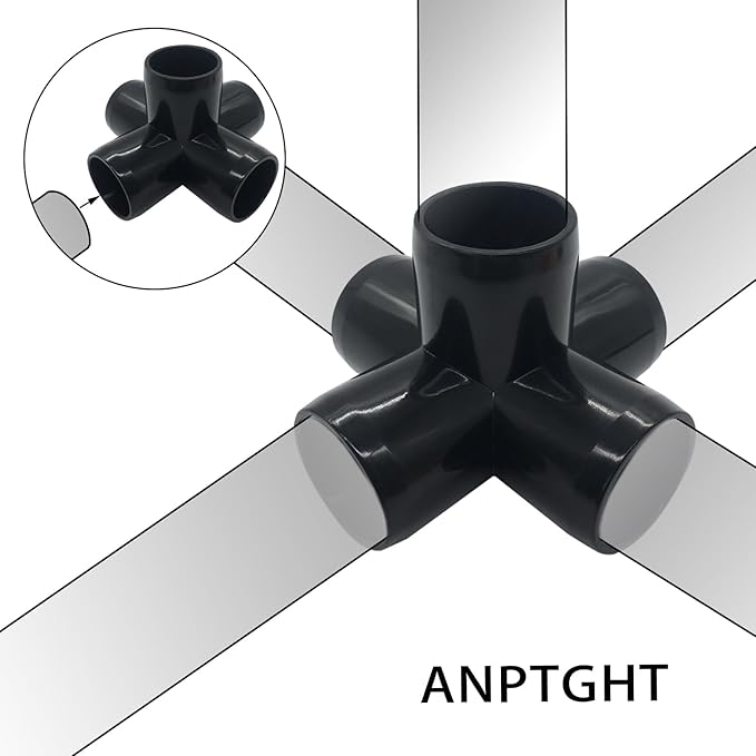 3/4“ Tee PVC Fitting 5 Way Elbow Connector, Furniture Grade 90 Degree Elbow Side Outlet, PVC Corner Fittings for Building Furniture Greenhouse Shed Tent Connection (Black-Pack of 8)