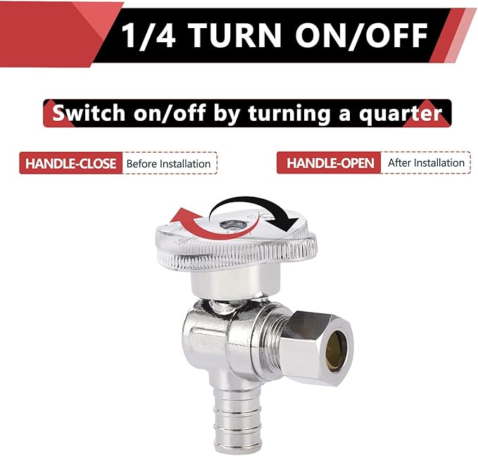 (Pack of 20) EFIELD 1/4 Turn Angle Stop Valve 3/8" OD Compression X 1/2" Pex Chrome Plated Brass,(VALVE076-20PCS)