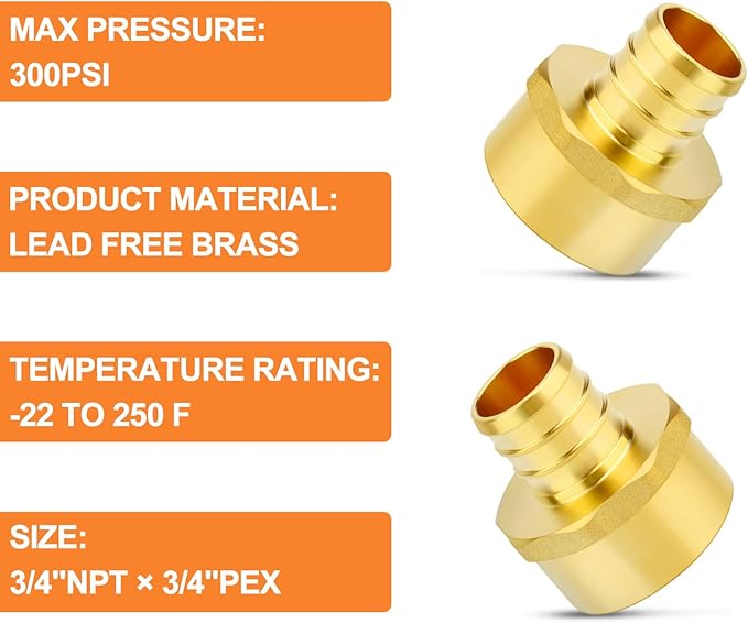 GASHER 6Pcs No Lead Brass 3/4" Pex Female Adapter, 3/4" Female NPT to 3/4" PEX Adapter for Pex Tubing