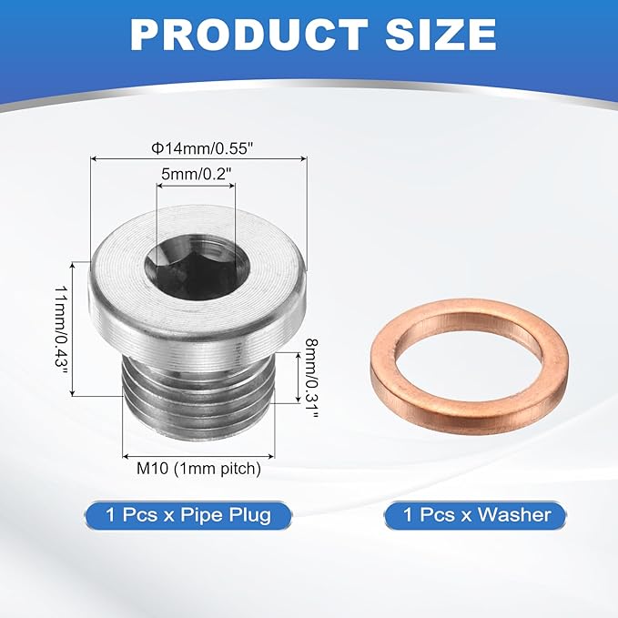 PATIKIL 2 Pcs M10 x 1 Metric Pipe Plug Fitting, 304 Stainless Steel Internal Hex Head Socket Pipe Cap Adapter Connector with Copper Washer for Sealing Oil Gas Water