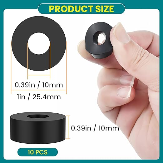 10 Pcs Black Rubber Spacers, 1" OD x 3/8" ID x 1/2" Thick Rubber Bushing Anti Vibration Spacer, Tear-Resistant Design for Home, Automotive & Industrial