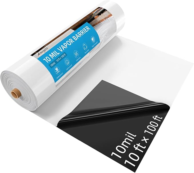 Vapor Barrier - 10' x 100' 10 Mil, Puncture Resistant Polyethylene Film Sheeting, Plastic Drop Cloth, Black/White Crawl Space Vapor Barrier for Covering, Basement, Renovating, Industrial