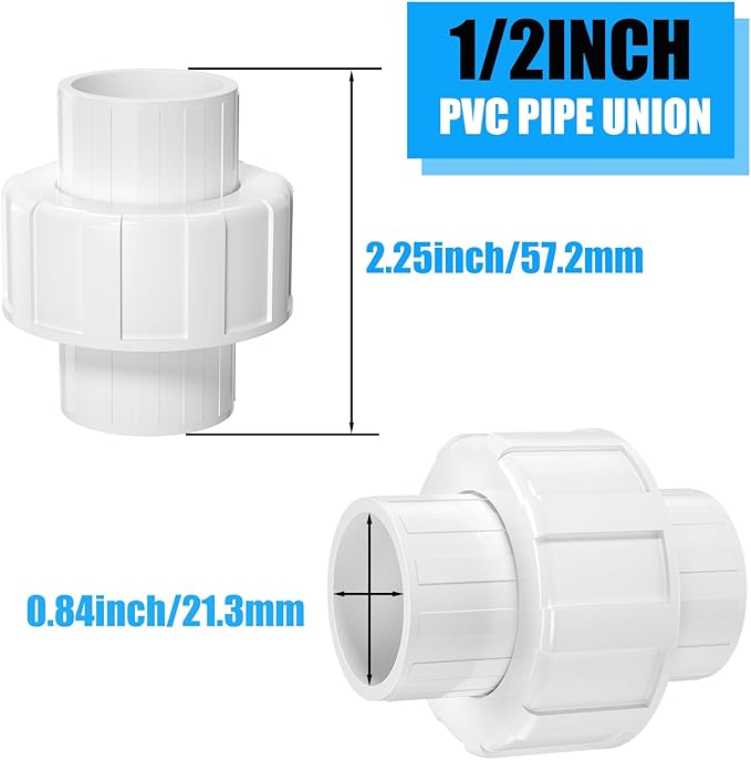 8PCS 1/2Inch PVC Union Coupling Adapter, Furniture Grade PVC Pipe Fittings with EPDM O-Ring, White Slip Union Coupling for Irrigation, Pool & Spa System, Indoor Plumbing Project