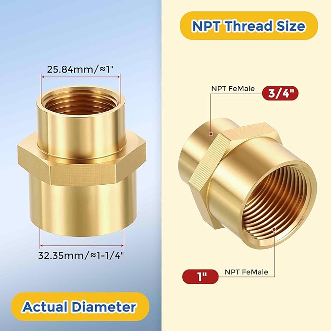 2 Packs Brass Pipe Fittings, 1" FeMale NPT to 3/4" FeMale NPT Brass Coupling, Coupler Hex Head Connectors for Air, Oil, LP, Gas