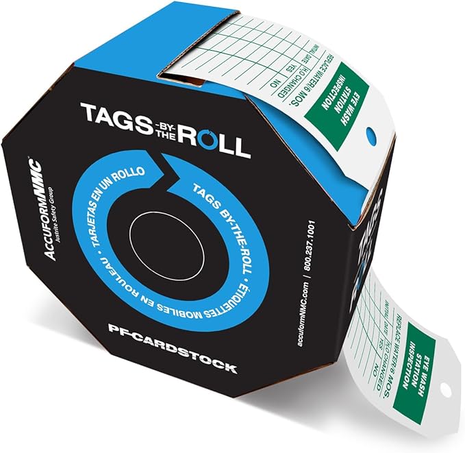 AccuformNMC 250 Tags by-The-Roll, Eyewash Station Inspection Tags with Record, US Made OSHA Compliant Eye Wash Tags, Waterproof PF-Cardstock, Resists Tears, 6.25"x3", TAR729