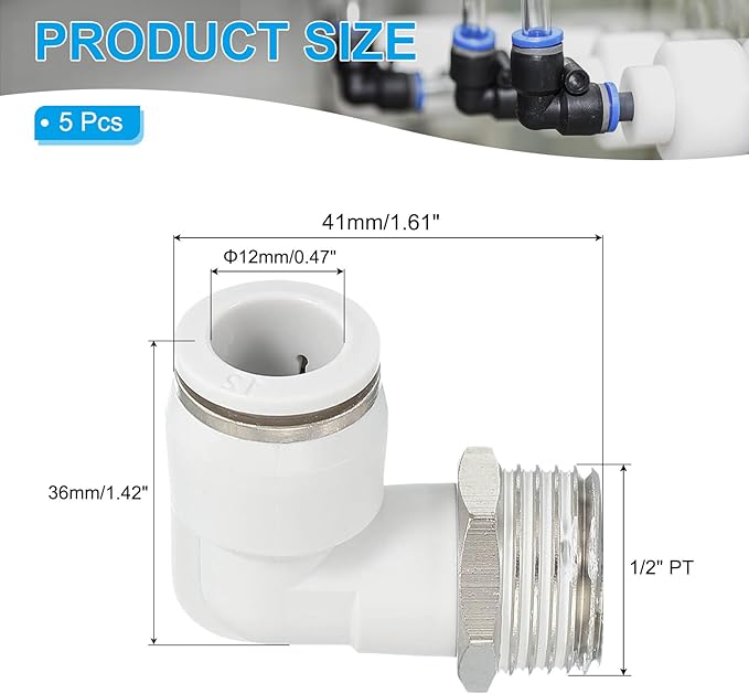 PATIKIL Push to Connect Fitting, 5 Pack Pneumatic Air Elbow Quick Connector 1/2"PT Male Thread x 12mm Tube 90 Degree Connect Tubing Elbow Air Tube Fitting Pneumatic Quick Adapter, White