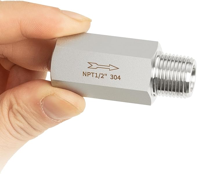 ChillWaves 304 Stainless Steel In-Line Siamese Check Valve 1/2" NPT Male x 1/2" NPT Female Thread, One-Way Non-return Check Valve，Prevent Water Back-flow(1-PACK)