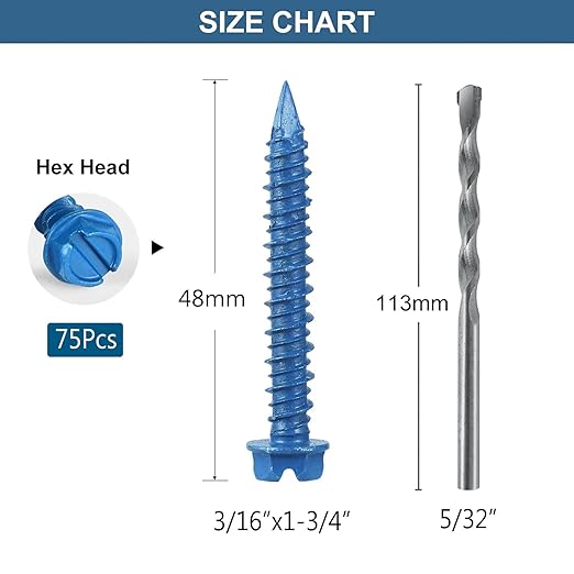 3/16x1-3/4 Inch 75Pcs Hex Head Concrete Screws, Screws Anchor with Drill Bit,for Masonry, Block, Brick, Cement, Stucco, No Pre Drilling, Diamond Point