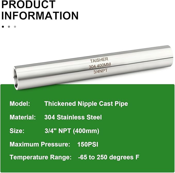 TAISHER 1PCS Stainless Steel Pipe Fittings, 3/4" NPT Female x 3/4" NPT Female Threaded, 16" Length Thickened Nipple Cast Pipe
