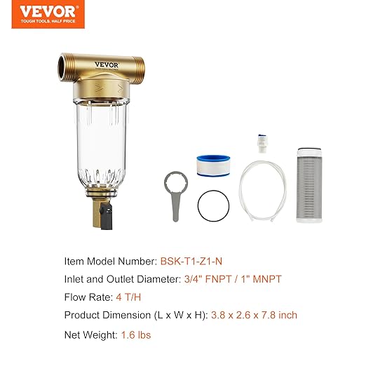 VEVOR 40 Micron Sediment Filter, 20GPM Spin Down Filter, Reusable Flushable Pre-Filtration, Whole House Sediment Water Filter, Pre-Filtration System for Well/City Water, 3/4" FNPT + 1" MNPT