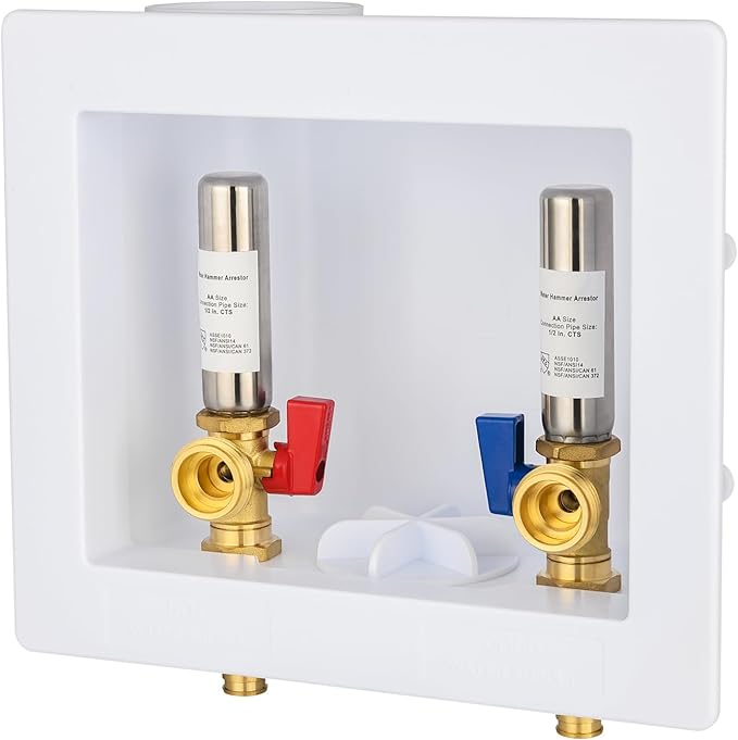 Washing Machine Outlet Box with Water Hammer Arrestor,1/2 Inch PEX A Expansion F1960 Inlet Connection,3/4 Inch MHT Outlet Male Thread Connection, Washing Box with 1/4-Turn Ball Valves