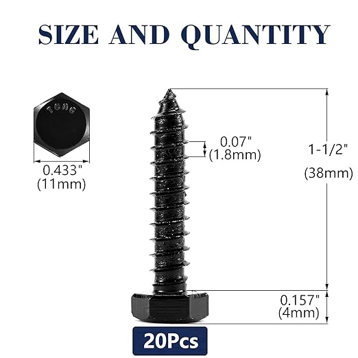 1/4" x 1-1/2" Hex Head Lag Screws Bolts 20Pcs 304 Stainless Steel 18-8, Partial Thread, Hexagon Head Wood Screws Black Oxide by SG TZH