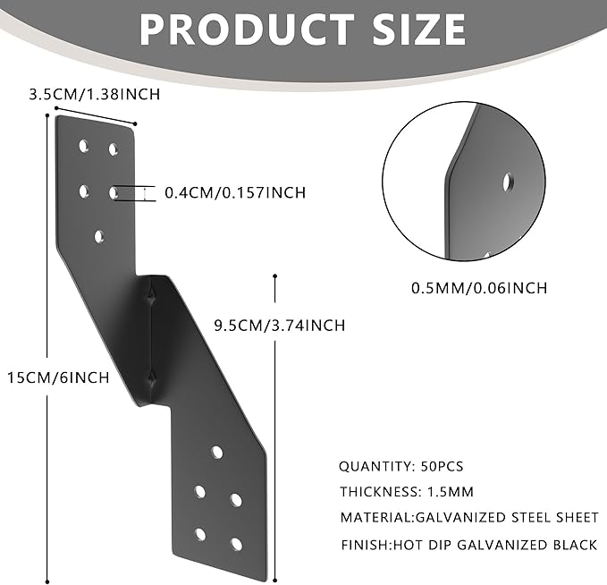 (50pcs) 16-Gauge Thick Hurricane Straps, Black Powder-Coated Rafter Ties, Heavy Duty Left Rafter Brackets, Strong Hurricane Clips, Tie Brackets for House, Roof Trusses, Shed, Building (Left)