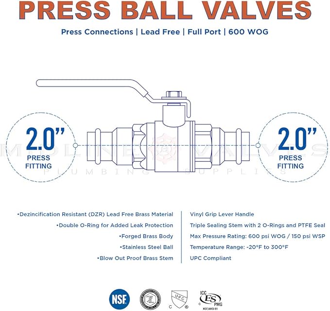 Midline Valve 2 Inch Press Ball Valve with Double-O-Ring, Full Port Press Ball Valve with 2" Connections, Brass Finish