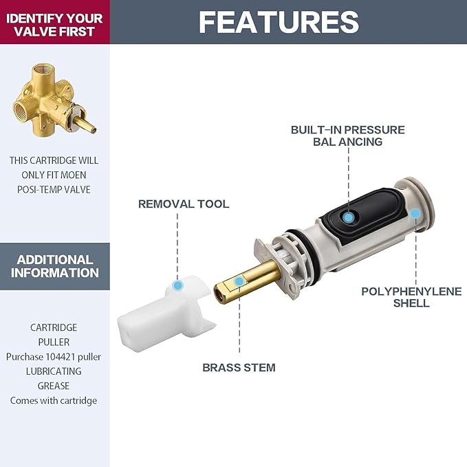 1222 Replacement Cartridge with Removal Tool 104421 & Handle Adapter Kit 116653 Be Suitable for Moen One-Handle Posi-Temp Faucets & Tub Showers - Durable Brass & Plastic Construction