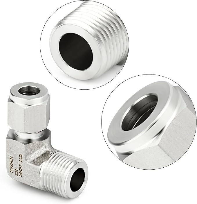 TAISHER 1PCS 304 Stainless Steel 90 Degree Compression Tube Pipe Fitting Connector, 4MM Tube OD x 1/4" NPT Male Adapter