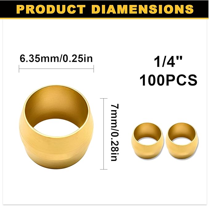 Siptenk 100PCS Brass Compression Sleeves Ferrules for Tube OD 1/4", Hose Compression Fitting Brass Ferrule for DOT Air Brake Lines, Water, Fuel, Oil