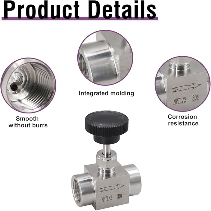 Stainless Steel Needle Valve NPT 1/2 Female Micro Flow Control Valve for Water/Oil/Gas, 1PC