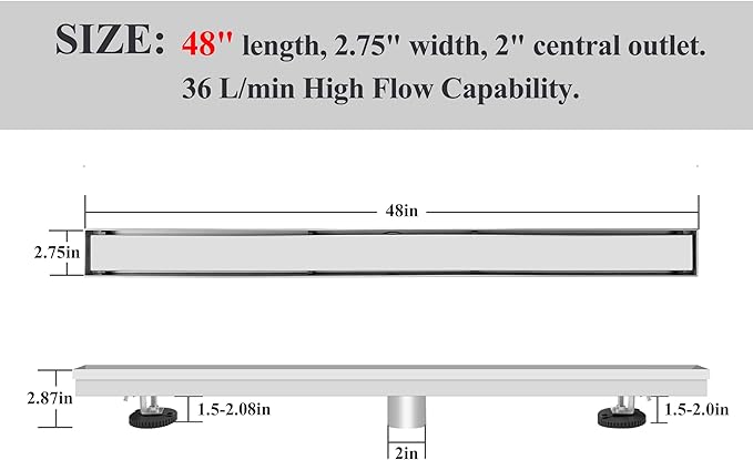 48 Inch Linear Drain Shower Drain Brushed Floor Drain with Removable SUS304 Stainless Steel CUPC Certificate and 2-in-1 Tile Insert Grate Cover