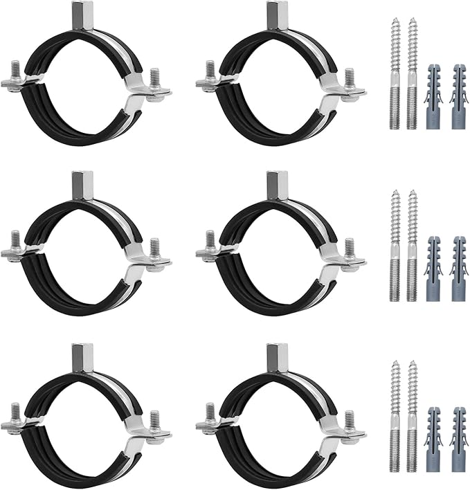 6 Pcs 2.4-2.5 Inch Split Ring Pipe Hanger, 60-64mm Heavy Duty Adjustable Pipe Bracket Clamp with Screw & Expansion Tube, Wall Ceiling Mount Combination Thread M8/M10 Metal Pipe Clamps