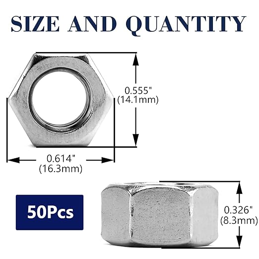 3/8-16 Hex Nuts 50Pcs 304 Stainless Steel 18-8, Full Thread, Hex Drive, Bright Finish by SG TZH