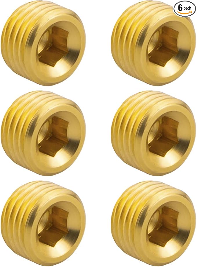 (6-Piece) Besosay 1/4" NPT Brass Pipe Plug Fitting, Counter Sunk Thread Internal Hex Head Style Male for Closing the End of Pipe