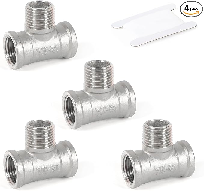 Kodilin 4PCS 304 Stainless Steel Tee Pipe Fittings, 1/2" NPT Female x 1/2" NPT Male x 1/2" NPT Female, Male Branch Tee