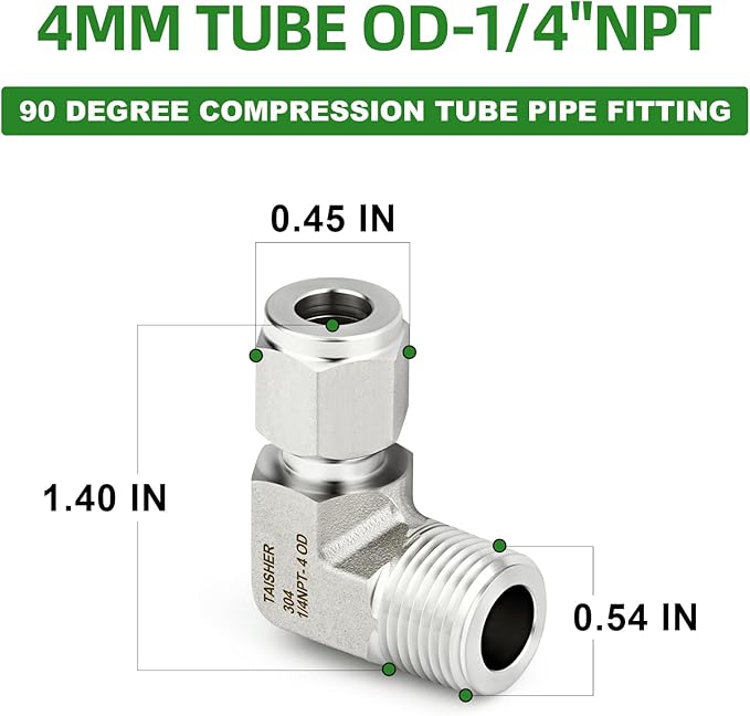 TAISHER 1PCS 304 Stainless Steel 90 Degree Compression Tube Pipe Fitting Connector, 4MM Tube OD x 1/4" NPT Male Adapter