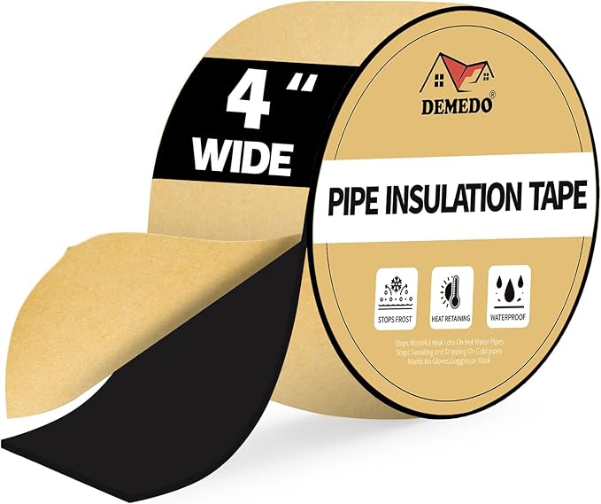 DEMEDO Pipe Insulation Tape, Pipe Wrap Insulation Foam Tape Self Adhesive, Outdoor Water Pipe Insulation Roll for HVAC, AC Line Insulation, 4 inch x 16.5 FT Heat Tape for Water Pipe, Black