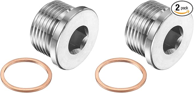 PATIKIL 2 Pcs M27 x 1.5 Metric Pipe Plug Fitting, 304 Stainless Steel Internal Hex Head Socket Pipe Cap Adapter Connector with Copper Washer for Sealing Oil Gas Water
