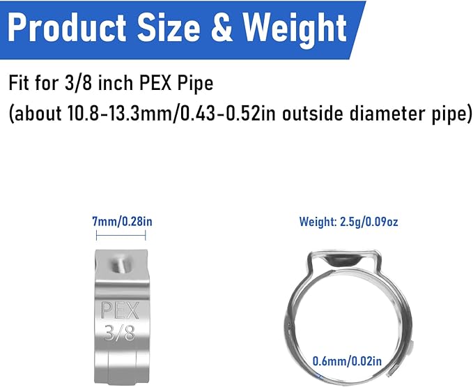 Kodilin 140-Pack 3/8 Pex Crimp Rings, Heavy-Duty 304 Stainless Steel Single Ear Pex Clamps Wider & Thicker Pex Cinch Clamps for Superior Grip & 360° Seal, Fits PEX Tubing Pipe Fitting Connections
