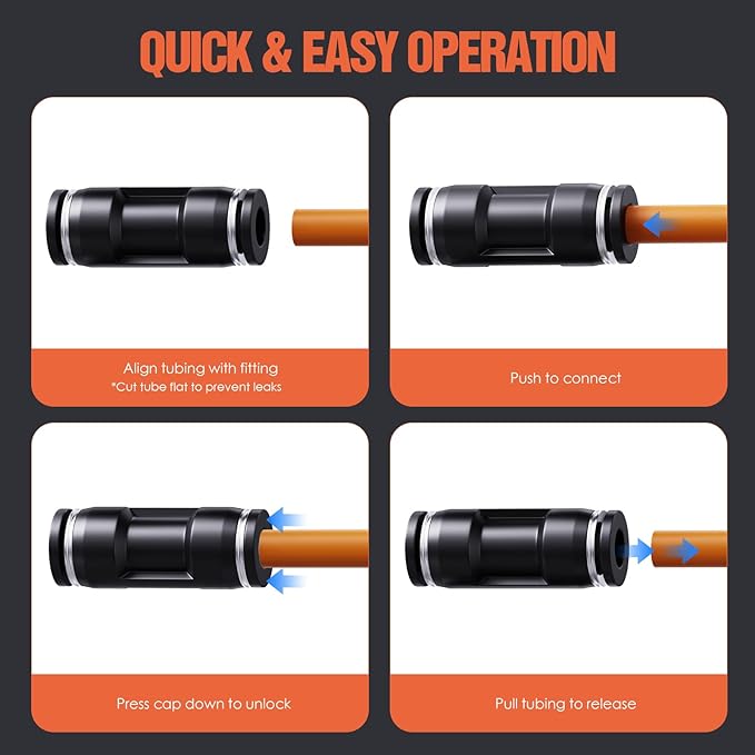 1/8" OD Push to Connect Fittings – Air Line Straight Connectors, Quick Connect Pneumatic Fittings, Push Lock Air Hose Fittings for Compressor, Air Tools & Tubing (20 PCS)