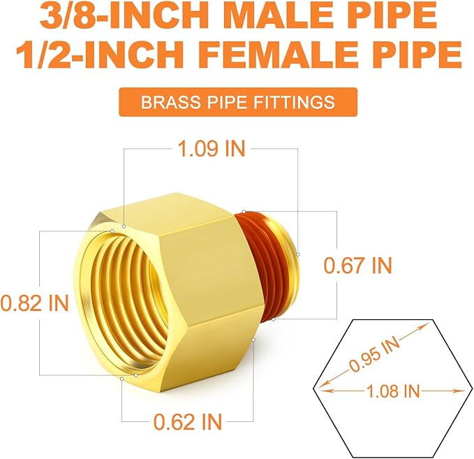 GASHER 5PCS Brass Pipe Fitting, Reducer Adapter, 1/2" Female x 3/8" Male Pipe With Sealant
