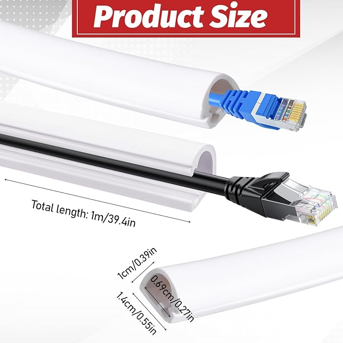 39" Side Cord Wall Cover, Buckle Cable Hider, Silicone Cord Hider, Self-Adhesive Cords Cover for Wall Mount TV, White PVC Wire Channel for Home Office Cable Management