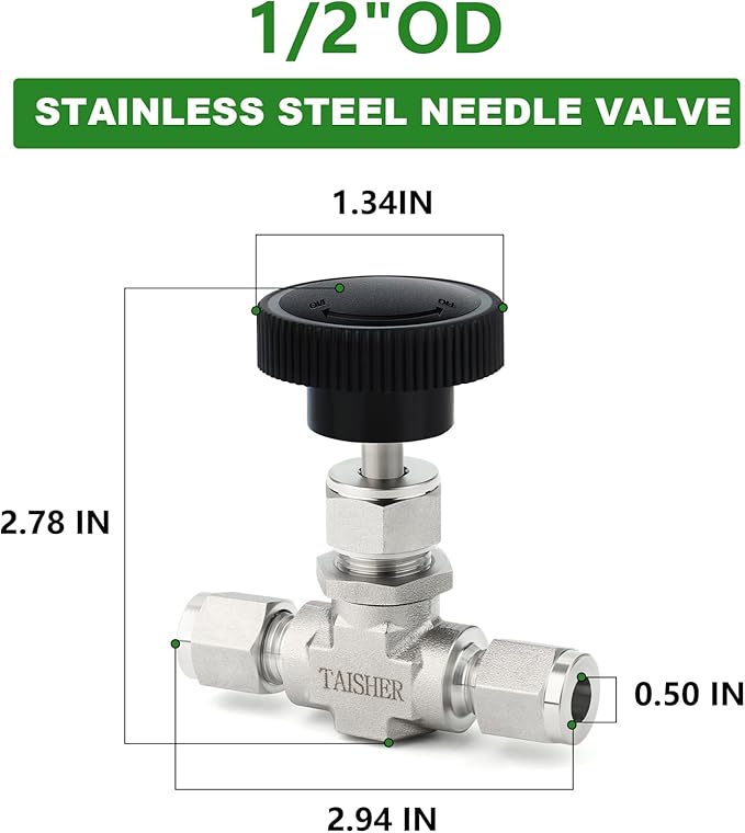 TAISHER 1PCS 316 Stainless Steel Compression Tube Straight Needle Valve 1/2" Tube OD x 1/2" Tube OD For Flow Control Water Gas Oil