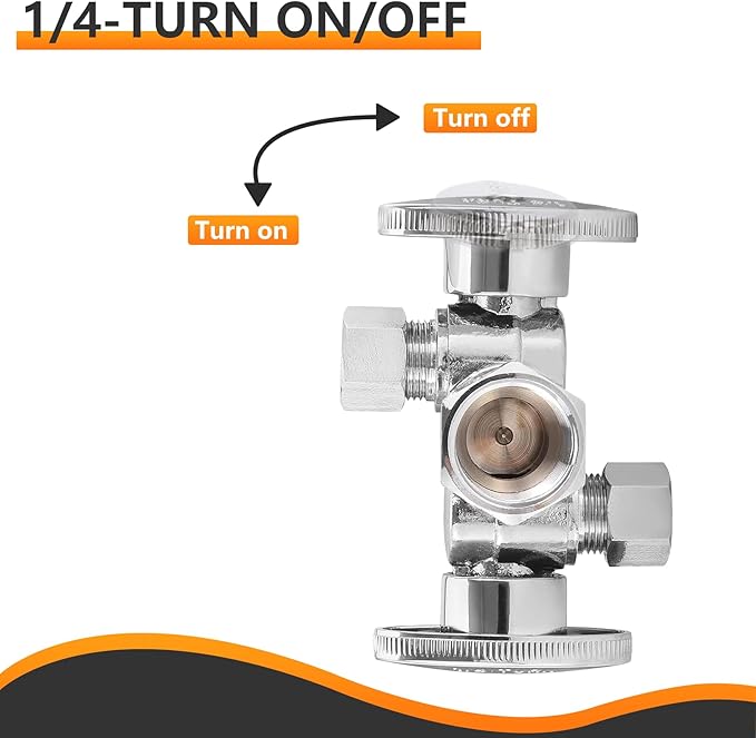 1-PC HeSun Dual Shut Off Angle Valve, 1/2" FIP x 3/8" OD x 3/8" OD Compression, 1/4-Turn Stop Valve with 2 Shut Offs, PEX Chrome Plated Brass(VALVE140)