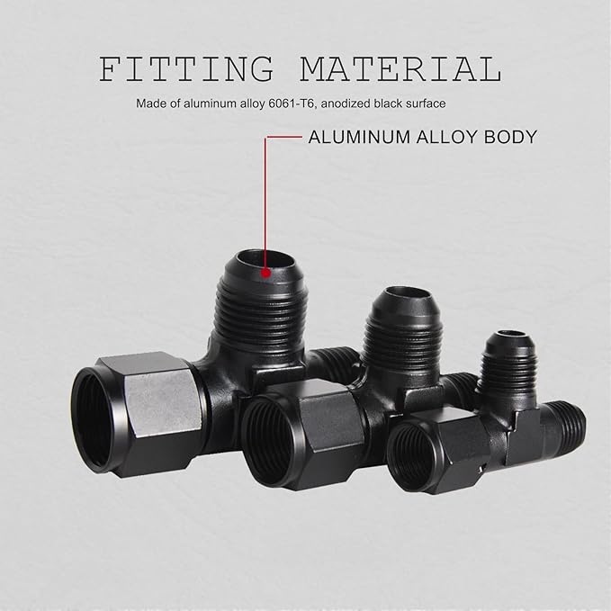 8AN Flare Male Tee Fitting Adapter with AN8 Female Swivel on Run Black
